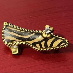 John Wind signed Zebra Print Maximal Art Shoe Brooch Pin w Gold Accents vintage